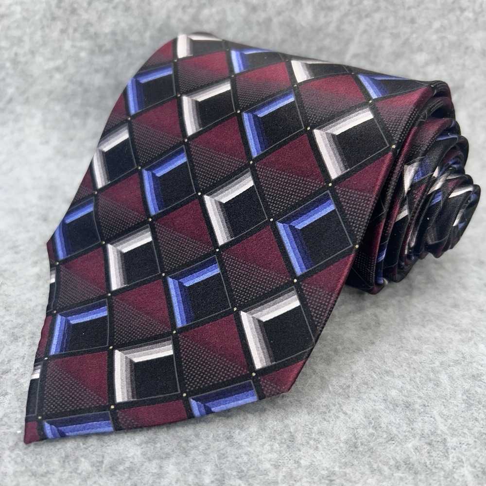 Alexander‎ Julian Colours Geometric Square Poly Silk Tie Burgundy Blue 58" x 4"